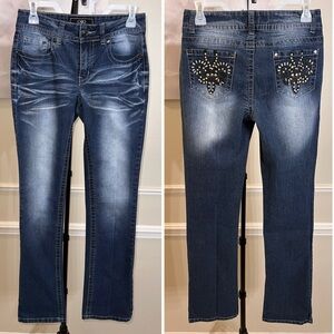 Cato Bootcut Denim Blue Jeans with Studded Fleur De Lis Back Pockets! Size 4.